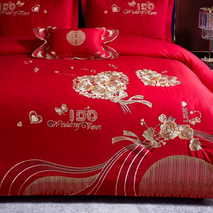 91家纺网 家纺一手货源 找家纺 慕她家纺 2026年磨毛亲肤棉婚庆四件套大红色刺绣结床上用品 两心相悦