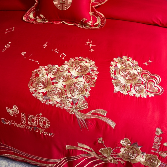 91家纺网 家纺一手货源 找家纺 慕她家纺 2026年磨毛亲肤棉婚庆四件套大红色刺绣结床上用品 两心相悦