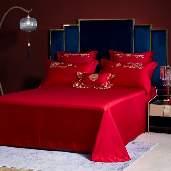 91家纺网 家纺一手货源 找家纺 慕她家纺 2026年磨毛亲肤棉婚庆四件套大红色刺绣结床上用品 两心相悦