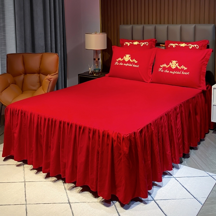 91家纺网 家纺一手货源 找家纺 慕她家纺 2026年磨毛亲肤棉婚庆四件套大红色刺绣结床上用品 两心相悦
