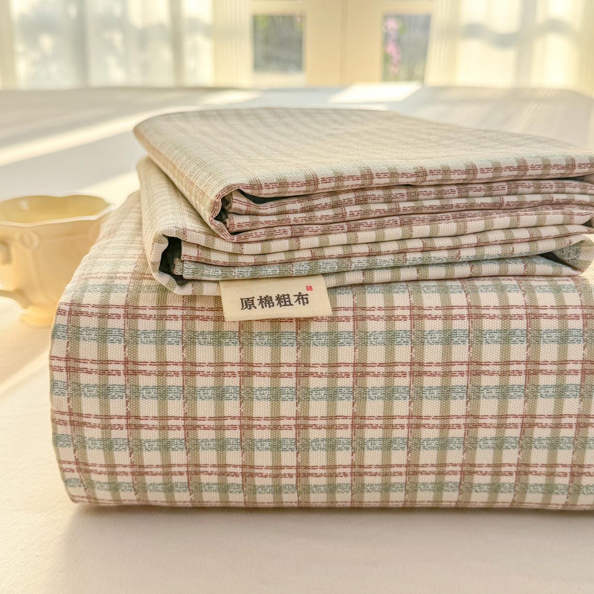 康纳利 2026新款原棉老粗布透气印花床单 浅棕密格