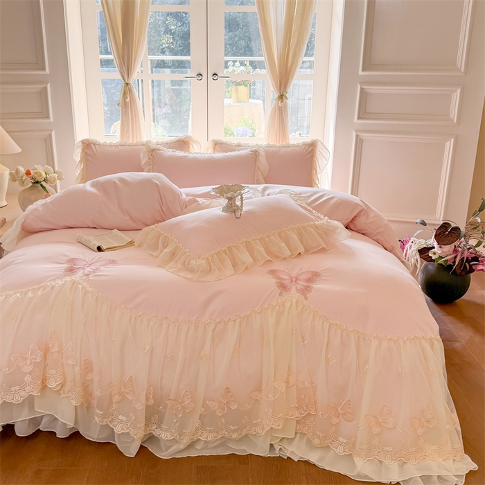 91家纺网 家纺一手货源 找家纺 （总）富盛家纺 2026新款水洗亲肤棉雪纺蕾丝刺绣公主风韩版四件套-迷迭香