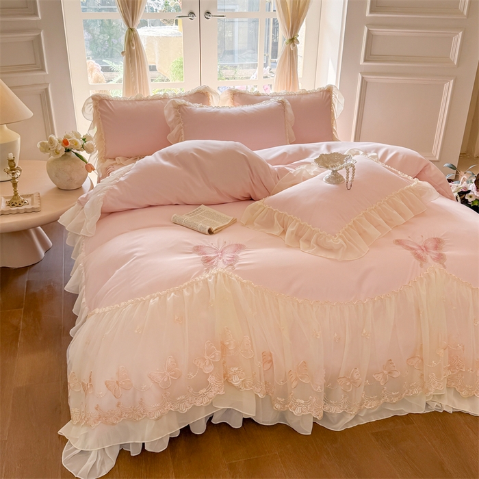 91家纺网 家纺一手货源 找家纺 （总）富盛家纺 2026新款水洗亲肤棉雪纺蕾丝刺绣公主风韩版四件套-迷迭香