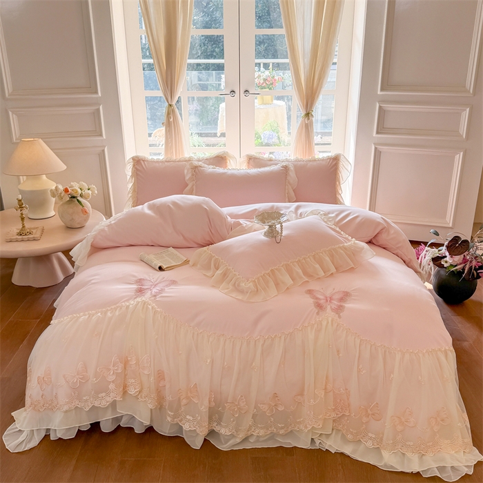 91家纺网 家纺一手货源 找家纺 （总）富盛家纺 2025新款牛奶绒床裙款盘花刺绣四件套韩版法式公主风--梦洛伊系列