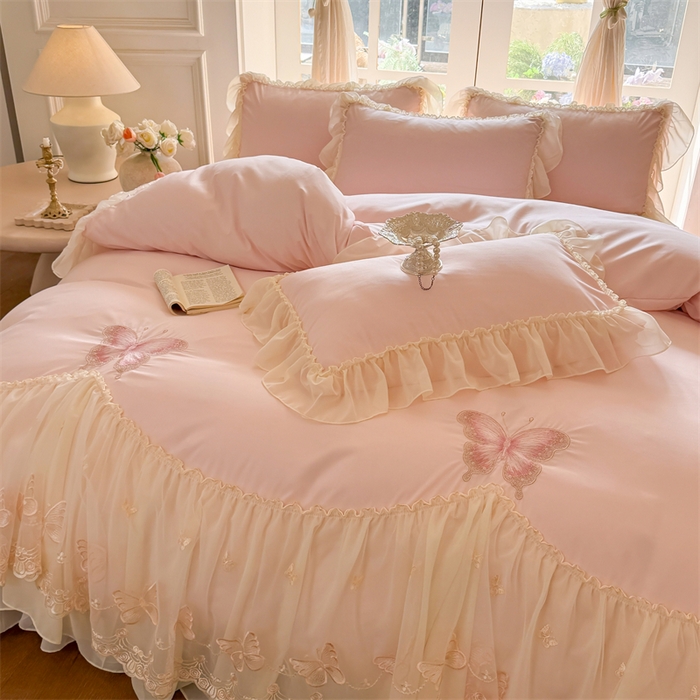 91家纺网 家纺一手货源 找家纺 （总）富盛家纺 2026新款水洗亲肤棉雪纺蕾丝刺绣公主风韩版四件套-迷迭香