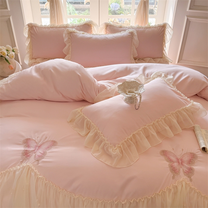 91家纺网 家纺一手货源 找家纺 （总）富盛家纺 2026新款水洗亲肤棉雪纺蕾丝刺绣公主风韩版四件套-迷迭香