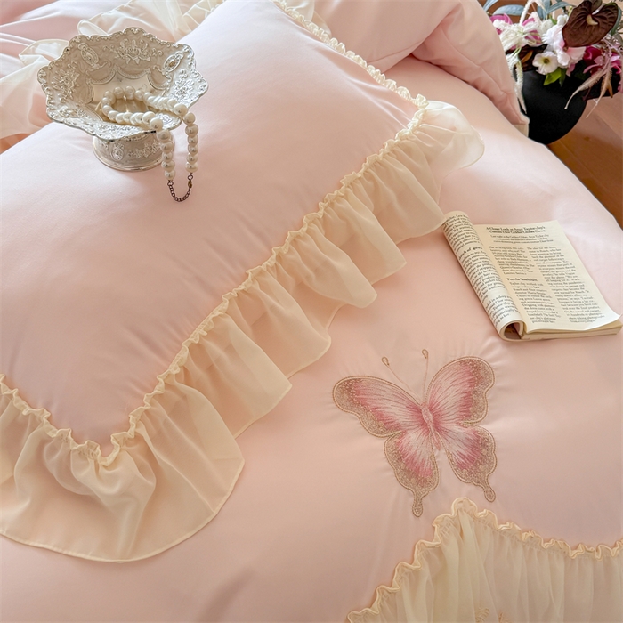 91家纺网 家纺一手货源 找家纺 （总）富盛家纺 2026新款水洗亲肤棉雪纺蕾丝刺绣公主风韩版四件套-迷迭香