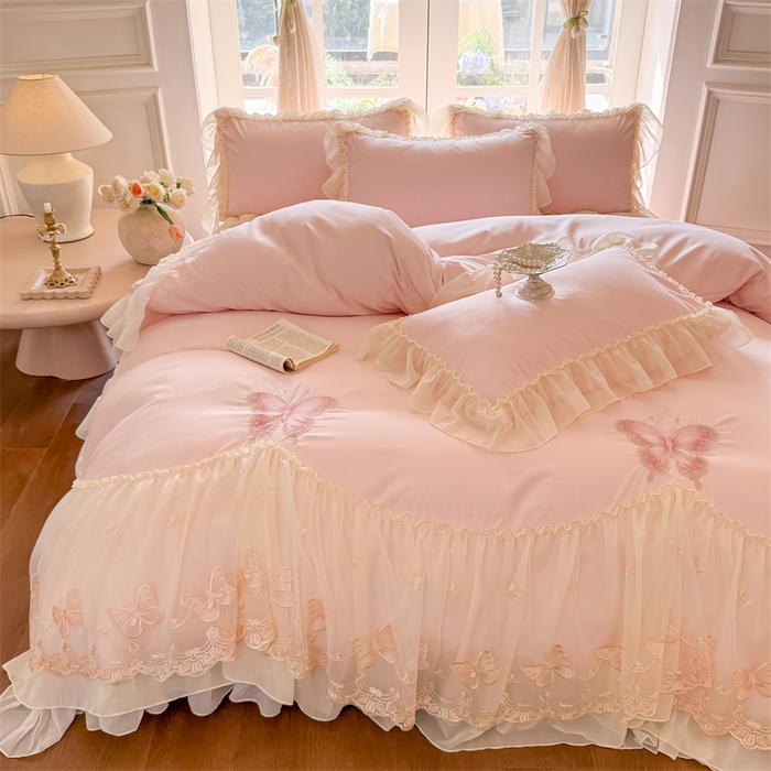 91家纺网 家纺一手货源 找家纺 （总）富盛家纺 2026新款水洗亲肤棉雪纺蕾丝刺绣公主风韩版四件套-迷迭香