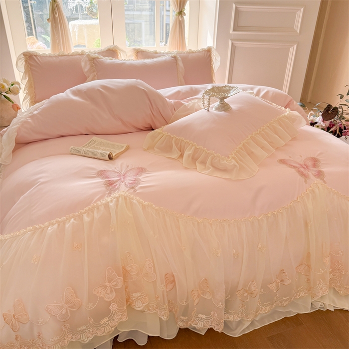 91家纺网 家纺一手货源 找家纺 （总）富盛家纺 2026新款水洗亲肤棉雪纺蕾丝刺绣公主风韩版四件套-迷迭香