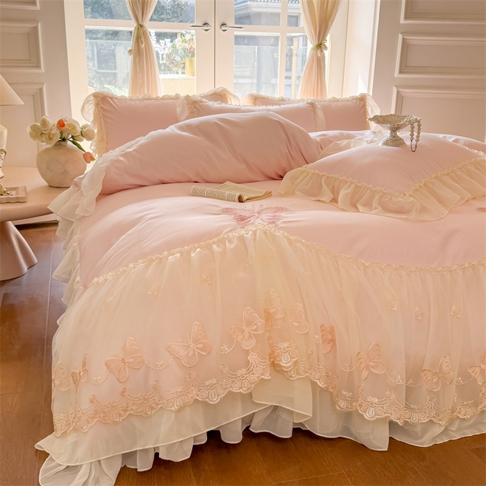 91家纺网 家纺一手货源 找家纺 （总）富盛家纺 2026新款水洗亲肤棉雪纺蕾丝刺绣公主风韩版四件套-迷迭香