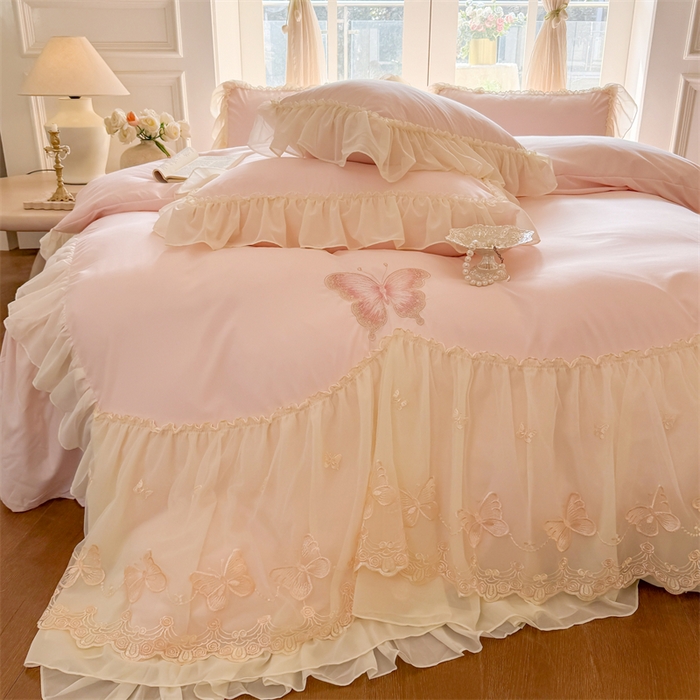 91家纺网 家纺一手货源 找家纺 （总）富盛家纺 2026新款水洗亲肤棉雪纺蕾丝刺绣公主风韩版四件套-迷迭香