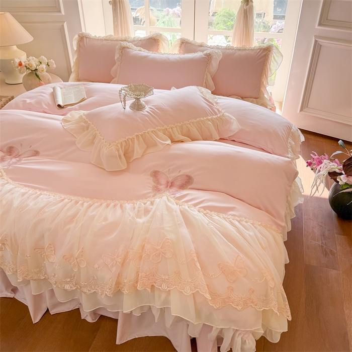 91家纺网 家纺一手货源 找家纺 （总）富盛家纺 2026新款水洗亲肤棉雪纺蕾丝刺绣公主风韩版四件套-迷迭香