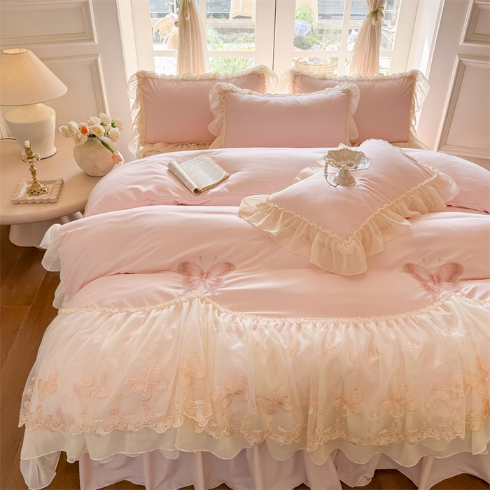 91家纺网 家纺一手货源 找家纺 （总）富盛家纺 2026新款水洗亲肤棉雪纺蕾丝刺绣公主风韩版四件套-迷迭香