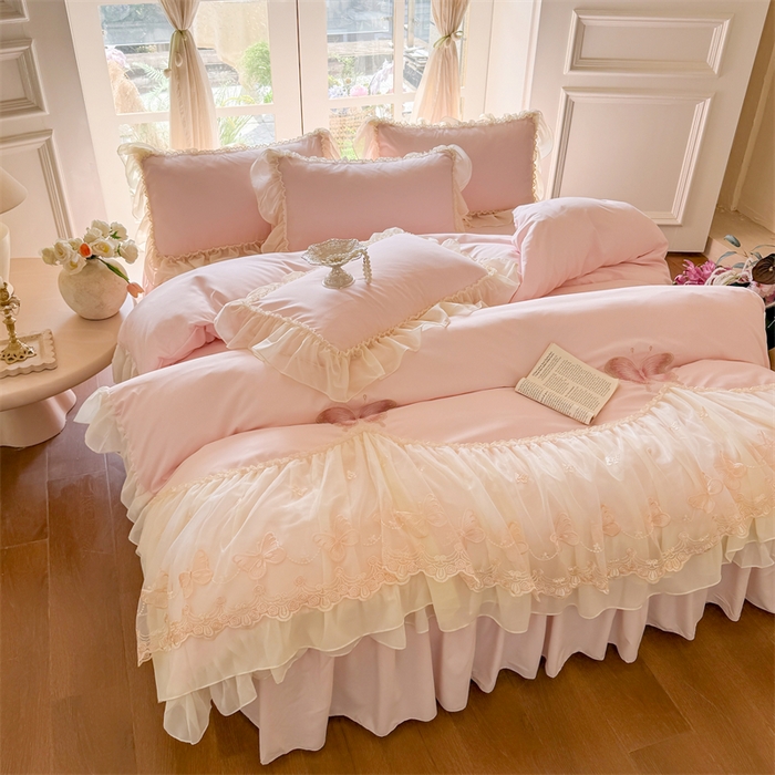 91家纺网 家纺一手货源 找家纺 （总）富盛家纺 2026新款水洗亲肤棉雪纺蕾丝刺绣公主风韩版四件套-迷迭香