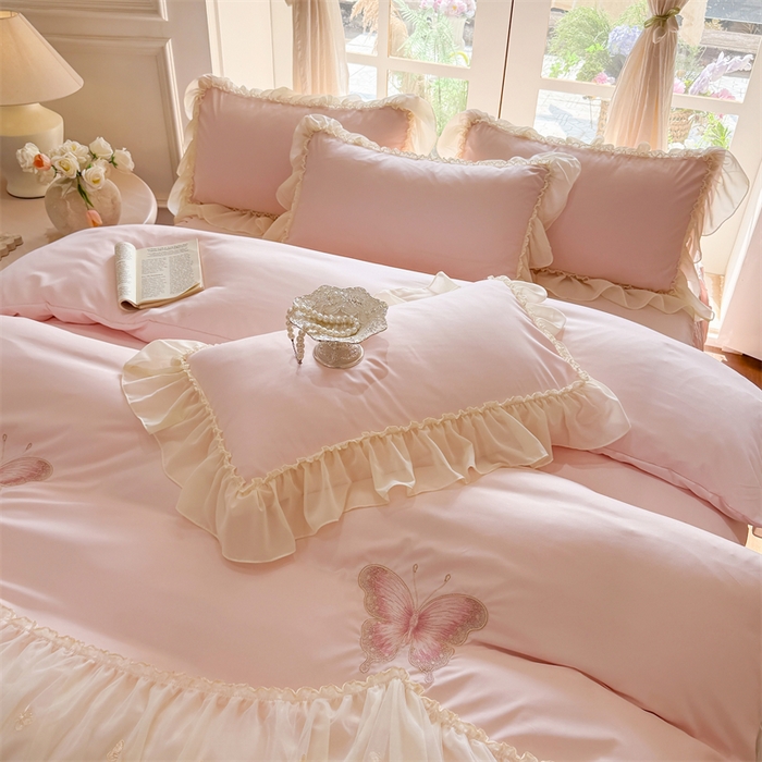 91家纺网 家纺一手货源 找家纺 （总）富盛家纺 2026新款水洗亲肤棉雪纺蕾丝刺绣公主风韩版四件套-迷迭香