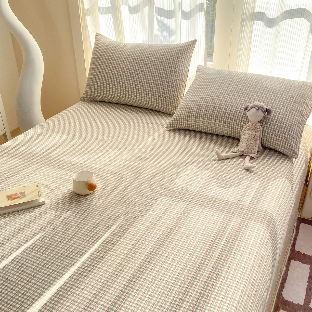 91家纺网 家纺一手货源 找家纺 康纳利 2026新款原棉老粗布透气印花床单 浅棕密格