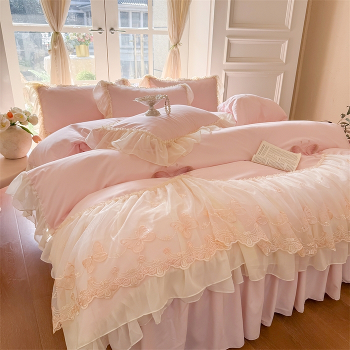 91家纺网 家纺一手货源 找家纺 （总）富盛家纺 2026新款水洗亲肤棉雪纺蕾丝刺绣公主风韩版四件套-迷迭香