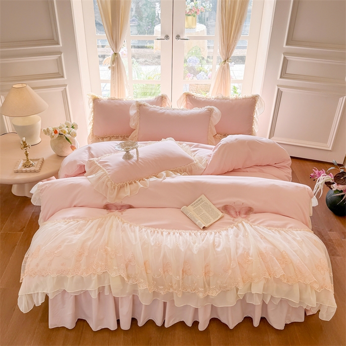 91家纺网 家纺一手货源 找家纺 （总）富盛家纺 2026新款水洗亲肤棉雪纺蕾丝刺绣公主风韩版四件套-迷迭香