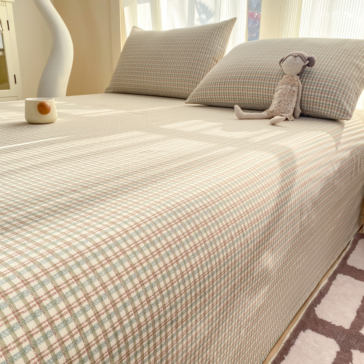 91家纺网 家纺一手货源 找家纺 康纳利 2026新款原棉老粗布透气印花床单 浅棕密格