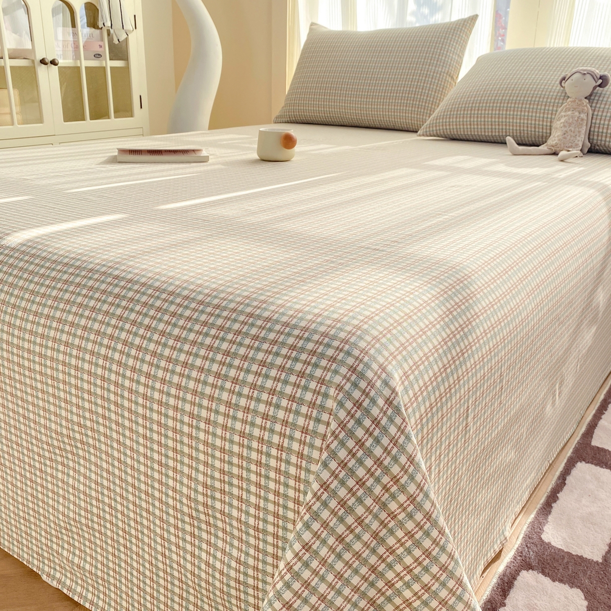 91家纺网 家纺一手货源 找家纺 康纳利 2026新款原棉老粗布透气印花床单 浅棕密格