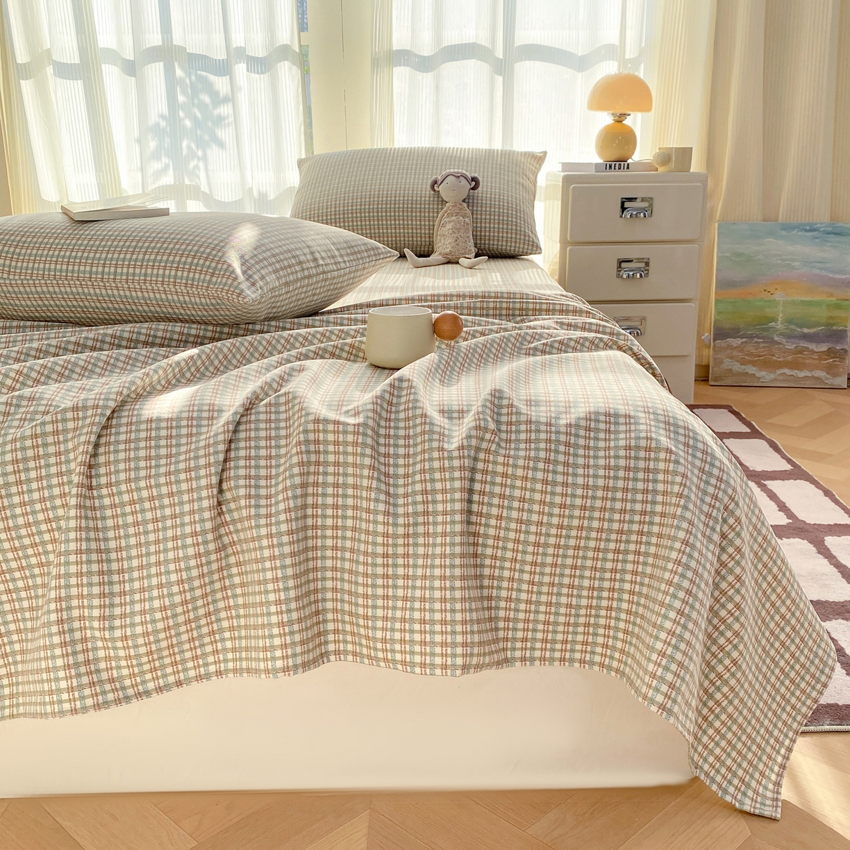 91家纺网 家纺一手货源 找家纺 康纳利 2026新款原棉老粗布透气印花床单 浅棕密格