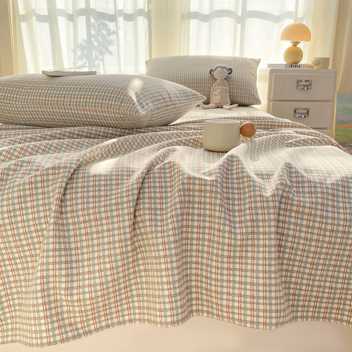 91家纺网 家纺一手货源 找家纺 康纳利 2026新款原棉老粗布透气印花床单 浅棕密格