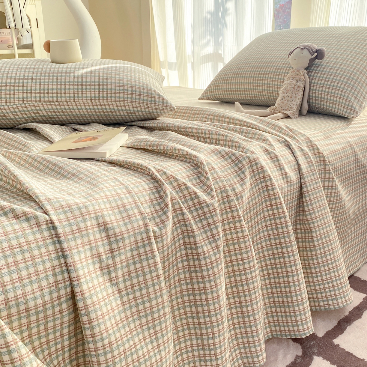 91家纺网 家纺一手货源 找家纺 康纳利 2026新款原棉老粗布透气印花床单 浅棕密格