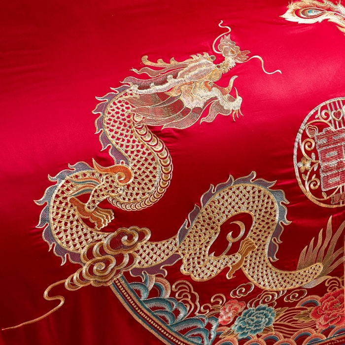 91家纺网 家纺一手货源 找家纺 慕她家纺 2026年磨毛亲肤棉婚庆四件套大红色刺绣结床上用品 龙凤情缘