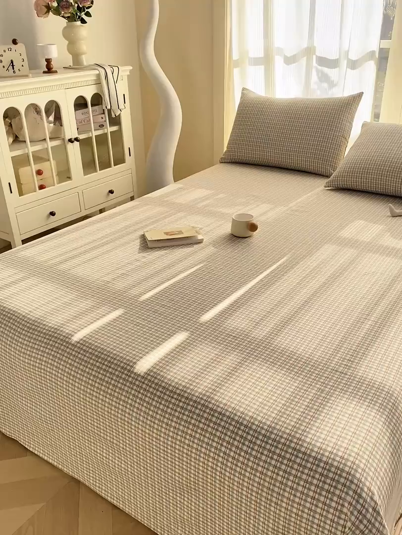 91家纺网 家纺一手货源 找家纺 康纳利 2026新款原棉老粗布透气印花床单 浅棕密格