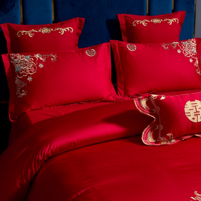 91家纺网 家纺一手货源 找家纺 慕她家纺 2026年磨毛亲肤棉婚庆四件套大红色刺绣结床上用品 龙凤情缘
