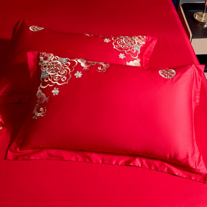 91家纺网 家纺一手货源 找家纺 慕她家纺 2026年磨毛亲肤棉婚庆四件套大红色刺绣结床上用品 龙凤情缘