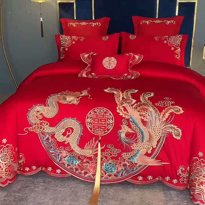 91家纺网 家纺一手货源 找家纺 慕她家纺 2026年磨毛亲肤棉婚庆四件套大红色刺绣结床上用品 龙凤情缘