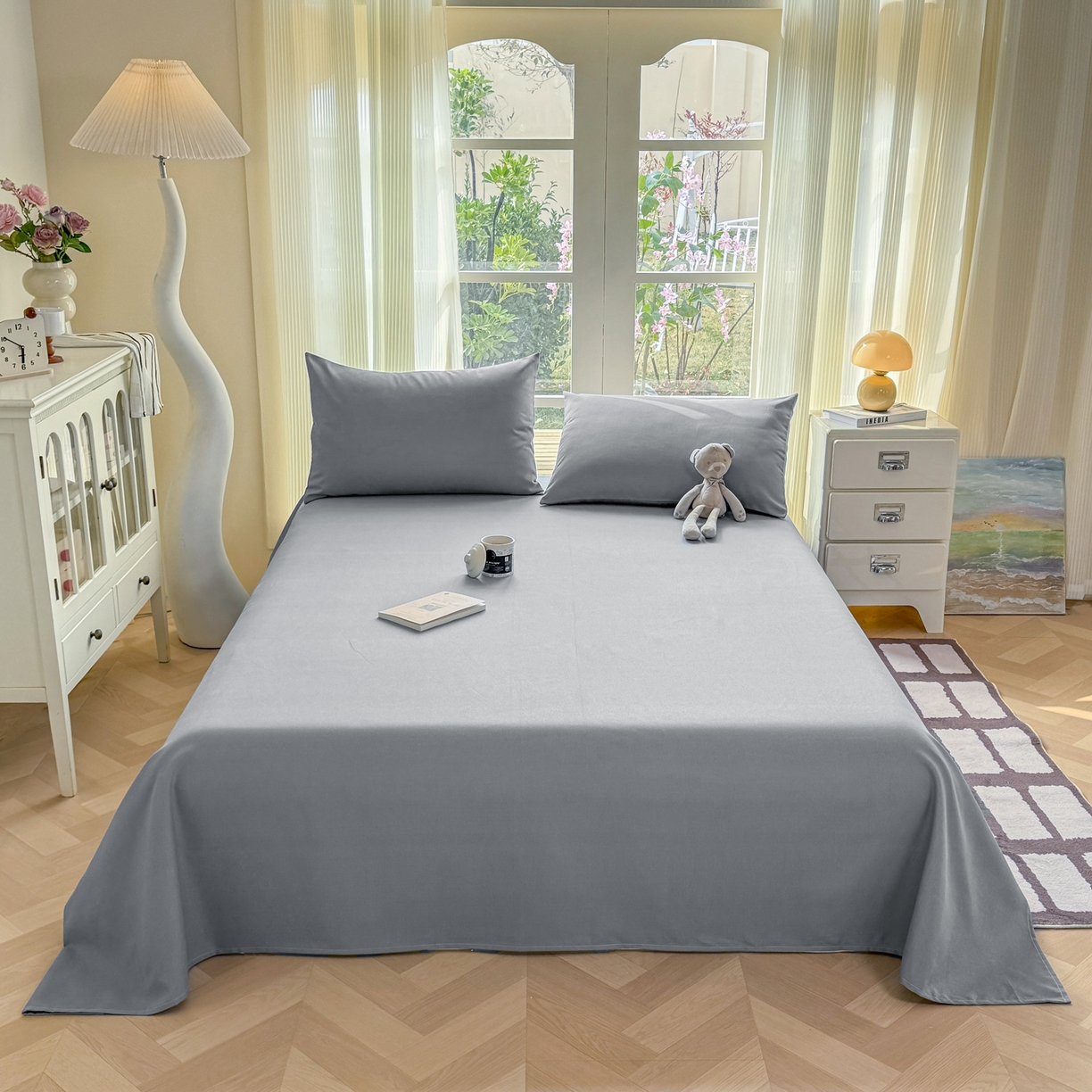 91家纺网 家纺一手货源 找家纺 康纳利 2026新款原棉老粗布透气印花床单 雾蓝灰