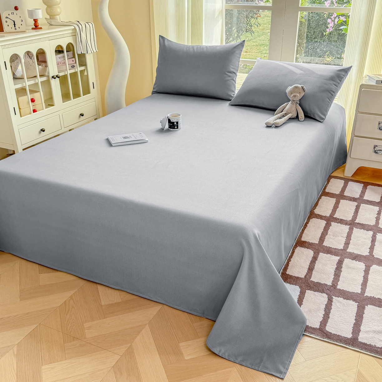 91家纺网 家纺一手货源 找家纺 康纳利 2026新款原棉老粗布透气印花床单 雾蓝灰