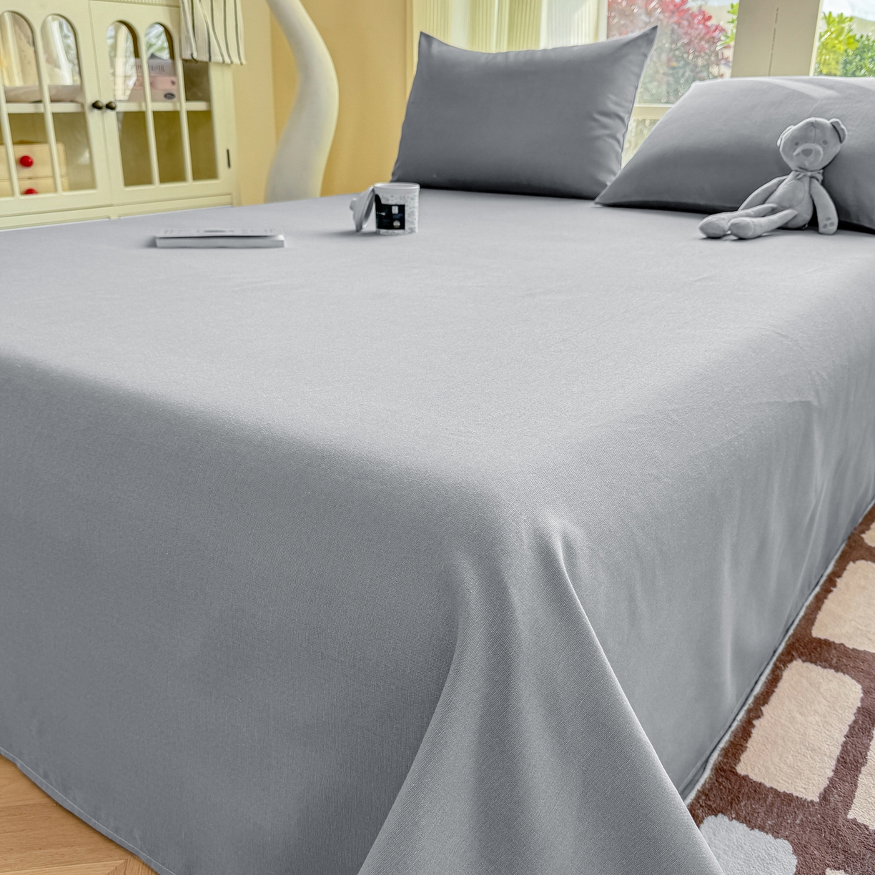 91家纺网 家纺一手货源 找家纺 康纳利 2026新款原棉老粗布透气印花床单 雾蓝灰