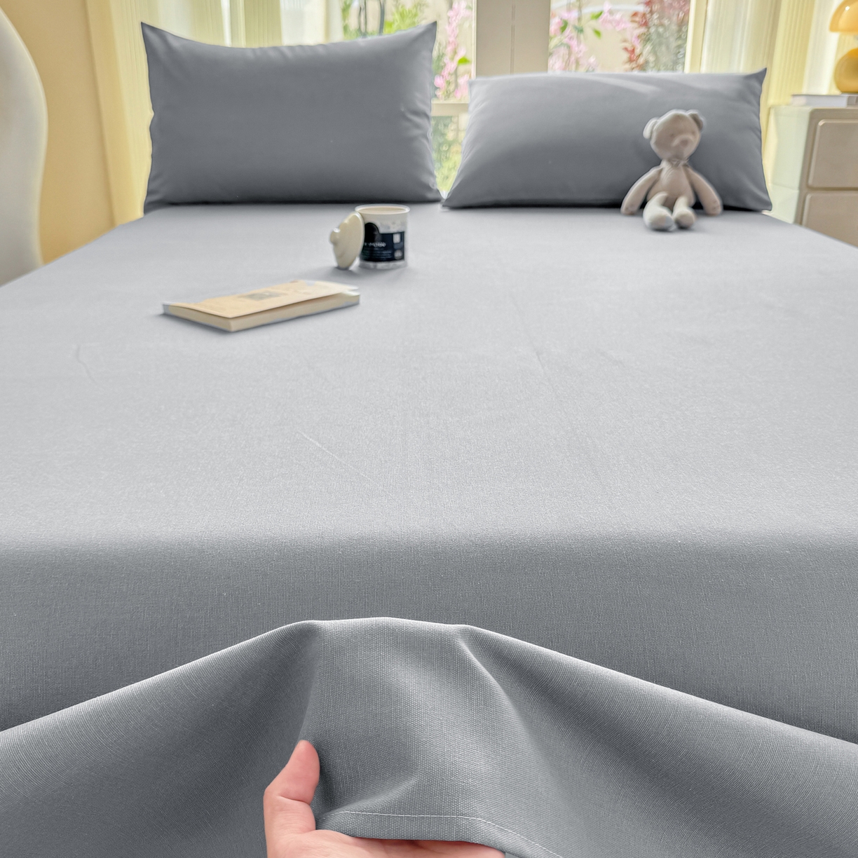 91家纺网 家纺一手货源 找家纺 康纳利 2026新款原棉老粗布透气印花床单 雾蓝灰