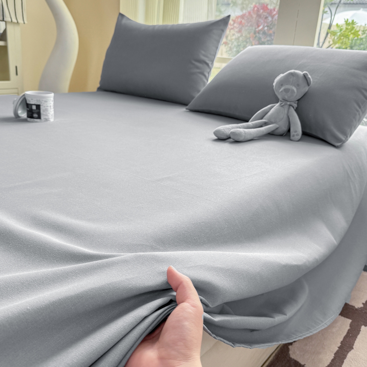 91家纺网 家纺一手货源 找家纺 康纳利 2026新款原棉老粗布透气印花床单 雾蓝灰