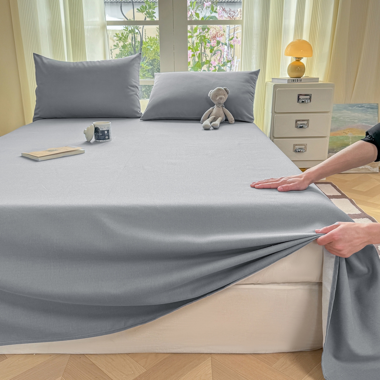 91家纺网 家纺一手货源 找家纺 康纳利 2026新款原棉老粗布透气印花床单 雾蓝灰