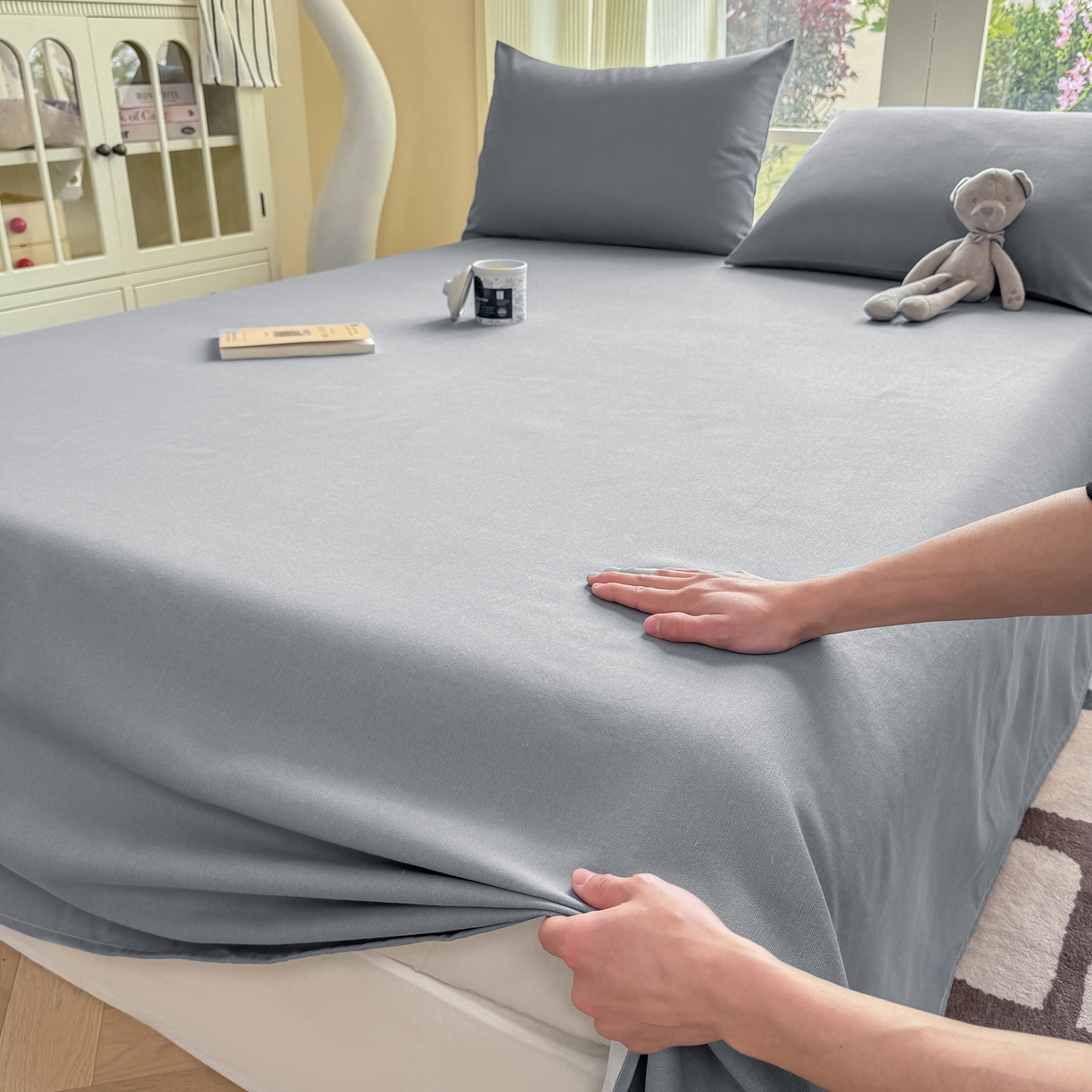 91家纺网 家纺一手货源 找家纺 康纳利 2026新款原棉老粗布透气印花床单 雾蓝灰