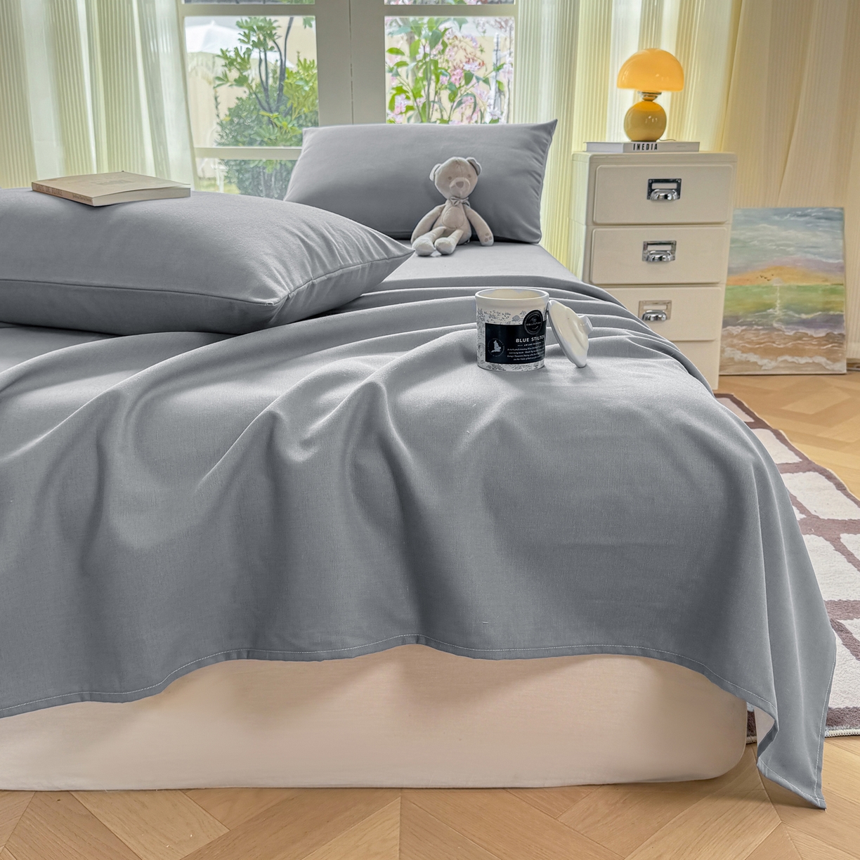 91家纺网 家纺一手货源 找家纺 康纳利 2026新款原棉老粗布透气印花床单 雾蓝灰