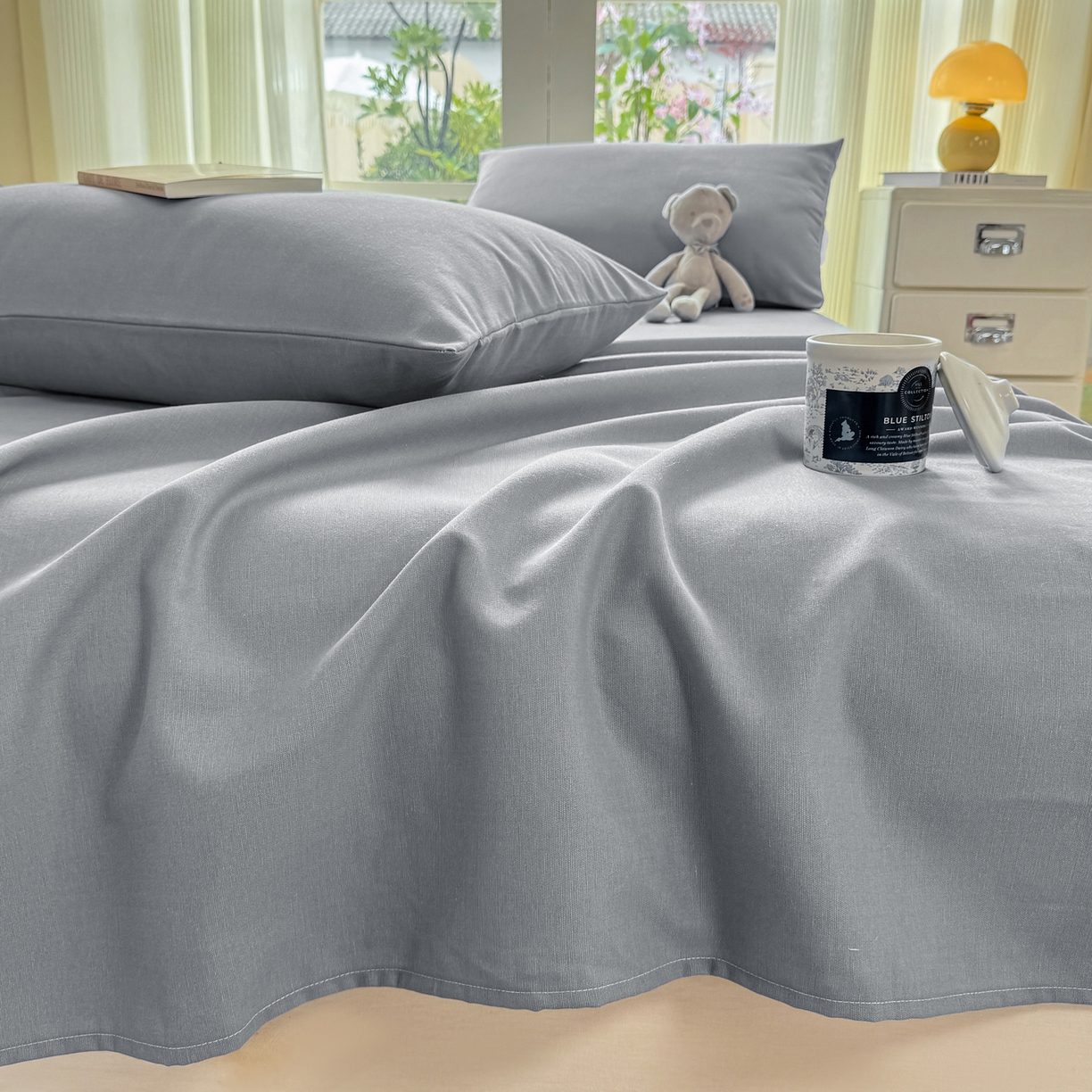 91家纺网 家纺一手货源 找家纺 康纳利 2026新款原棉老粗布透气印花床单 雾蓝灰