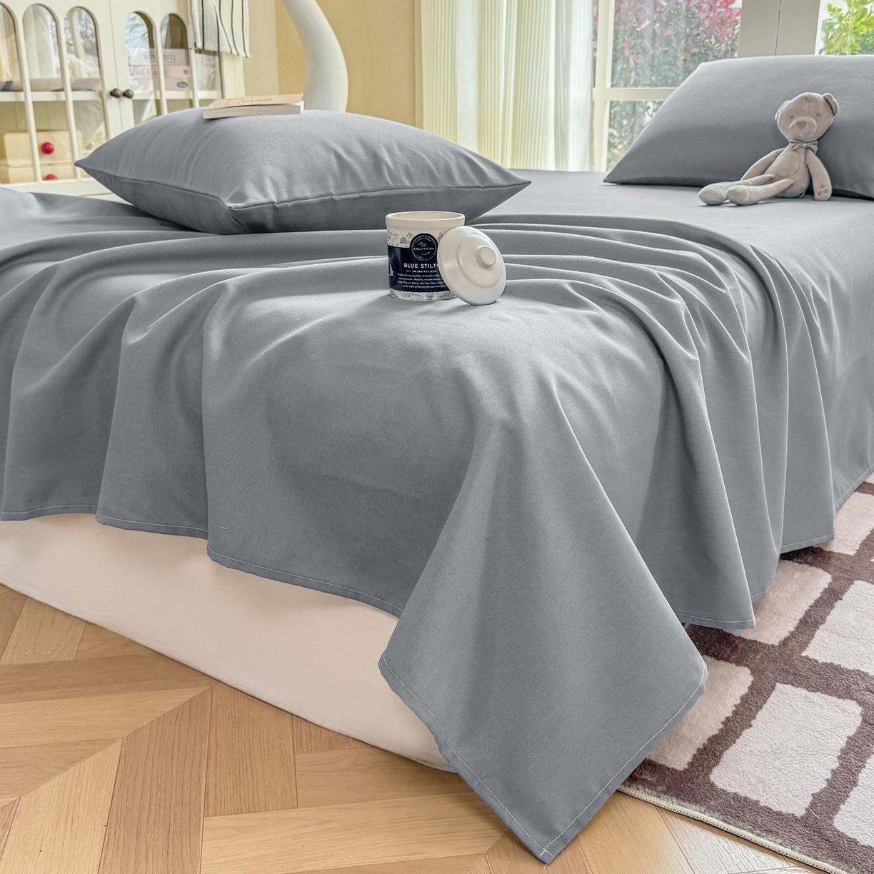 91家纺网 家纺一手货源 找家纺 康纳利 2026新款原棉老粗布透气印花床单 雾蓝灰