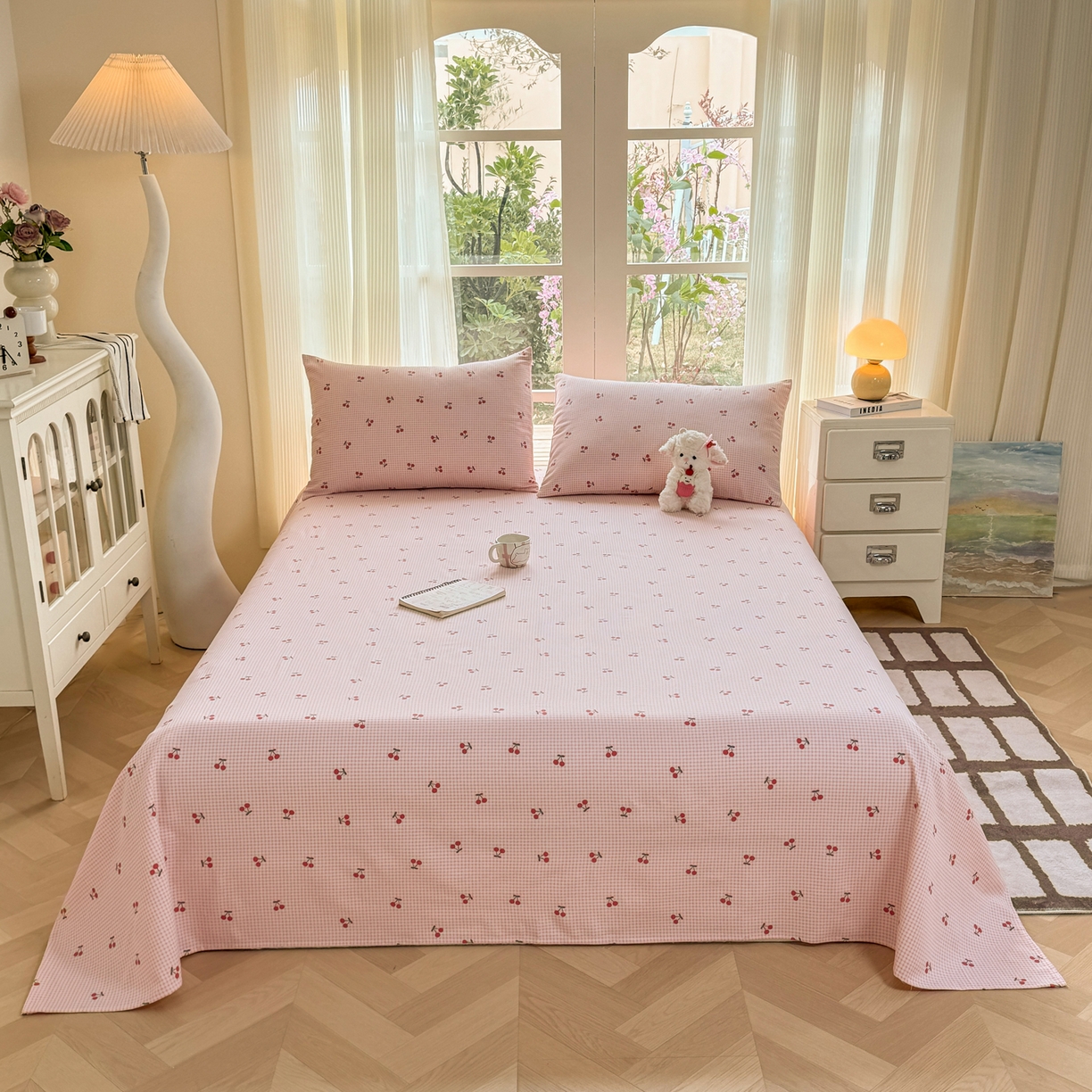 91家纺网 家纺一手货源 找家纺 康纳利 2026新款原棉老粗布透气印花床单 樱小格