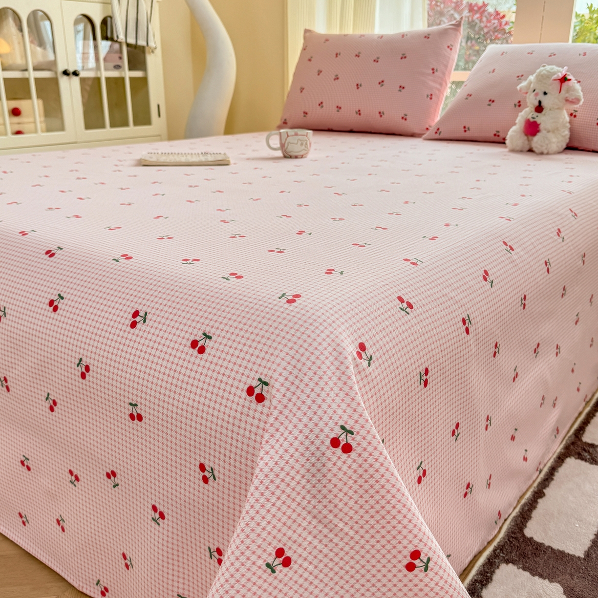 91家纺网 家纺一手货源 找家纺 康纳利 2026新款原棉老粗布透气印花床单 樱小格