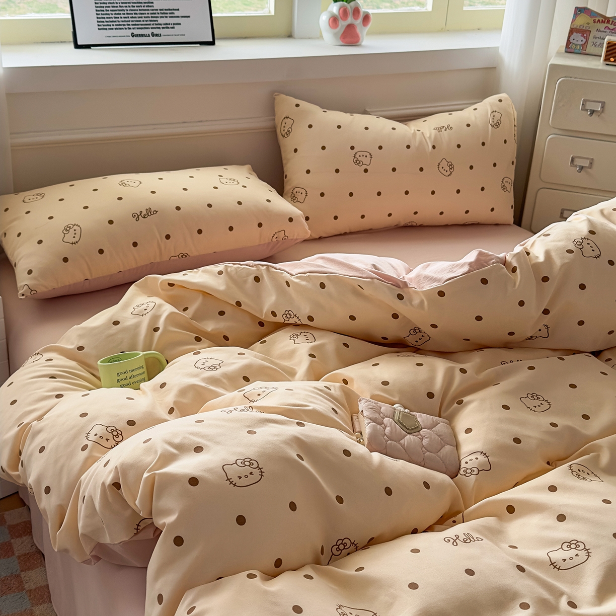 91家纺网 家纺一手货源 找家纺 洁柔供应链 2026新款A类古法糯小棉四件套 半糖kitty