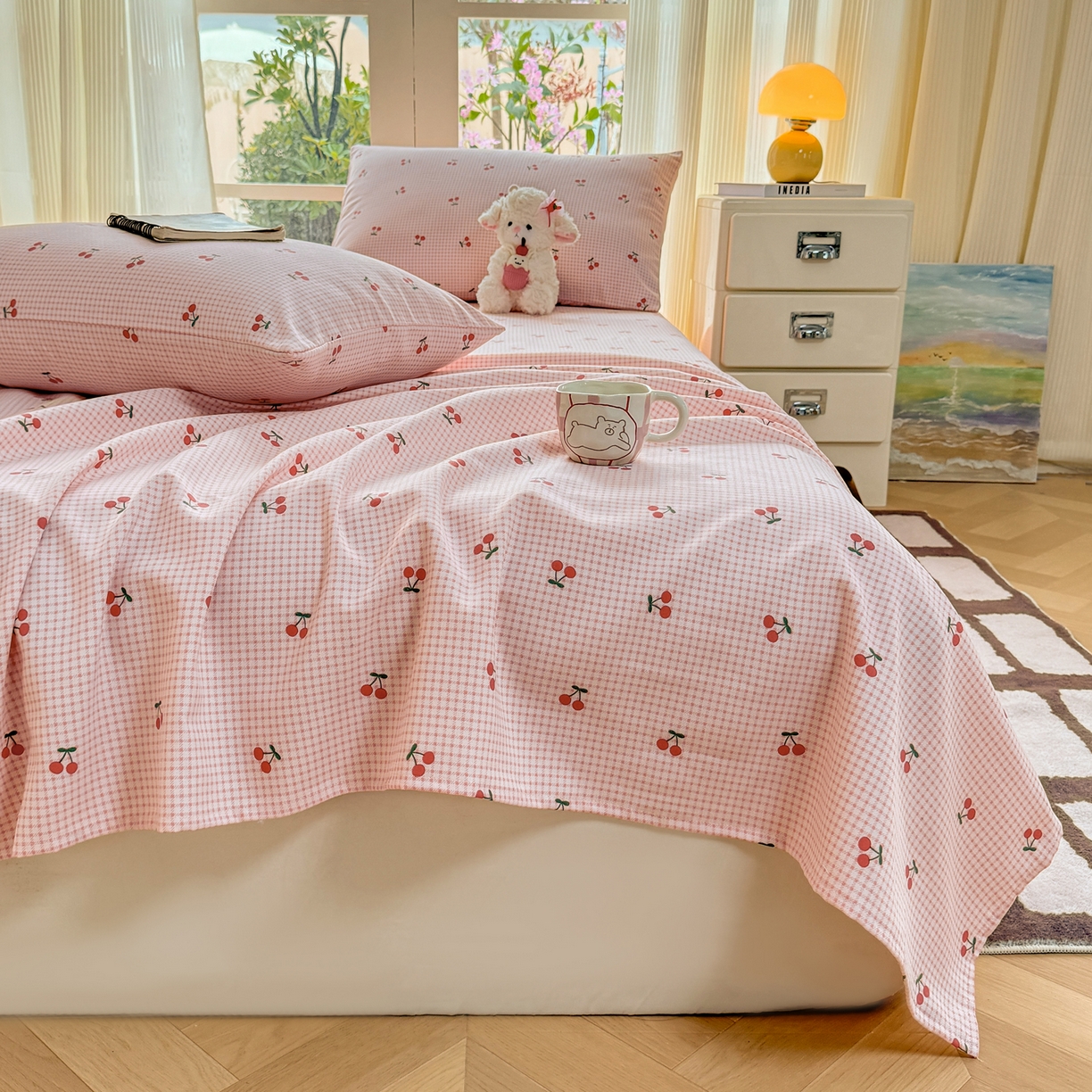 91家纺网 家纺一手货源 找家纺 康纳利 2026新款原棉老粗布透气印花床单 樱小格