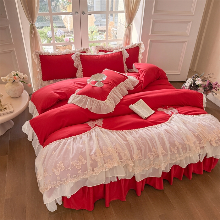 91家纺网 家纺一手货源 找家纺 富盛家纺 2026新款水洗亲肤棉雪纺蕾丝刺绣公主风韩版四件套-迷迭香 迷迭香—大红