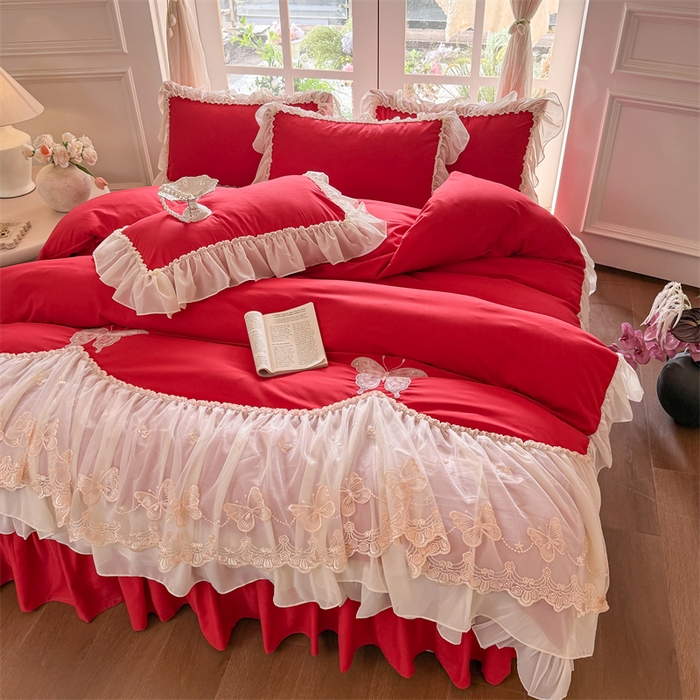 91家纺网 家纺一手货源 找家纺 富盛家纺 2026新款水洗亲肤棉雪纺蕾丝刺绣公主风韩版四件套-迷迭香 迷迭香—大红