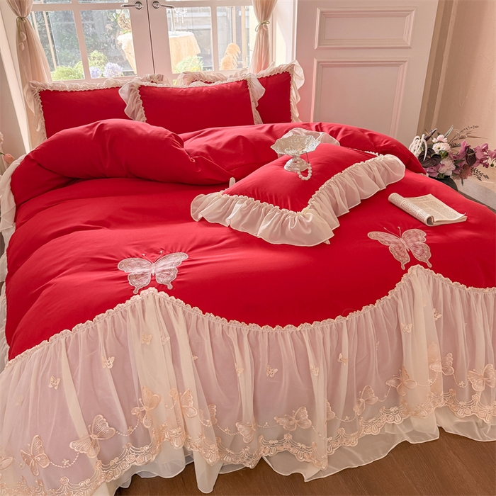 91家纺网 家纺一手货源 找家纺 富盛家纺 2026新款水洗亲肤棉雪纺蕾丝刺绣公主风韩版四件套-迷迭香 迷迭香—大红