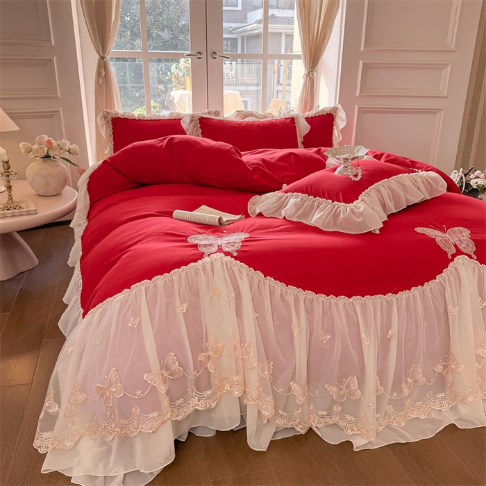 91家纺网 家纺一手货源 找家纺 富盛家纺 2026新款水洗亲肤棉雪纺蕾丝刺绣公主风韩版四件套-迷迭香 迷迭香—大红